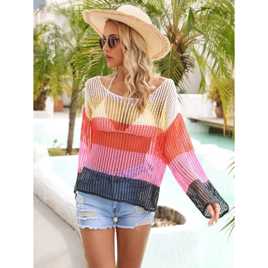 Color Block Openwork Boat Neck Cover Up Apparel and Accessories
