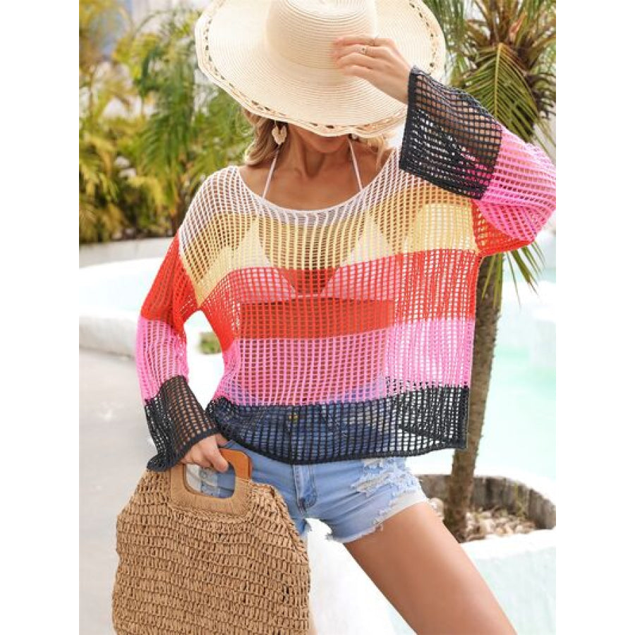 Color Block Openwork Boat Neck Cover Up Apparel and Accessories