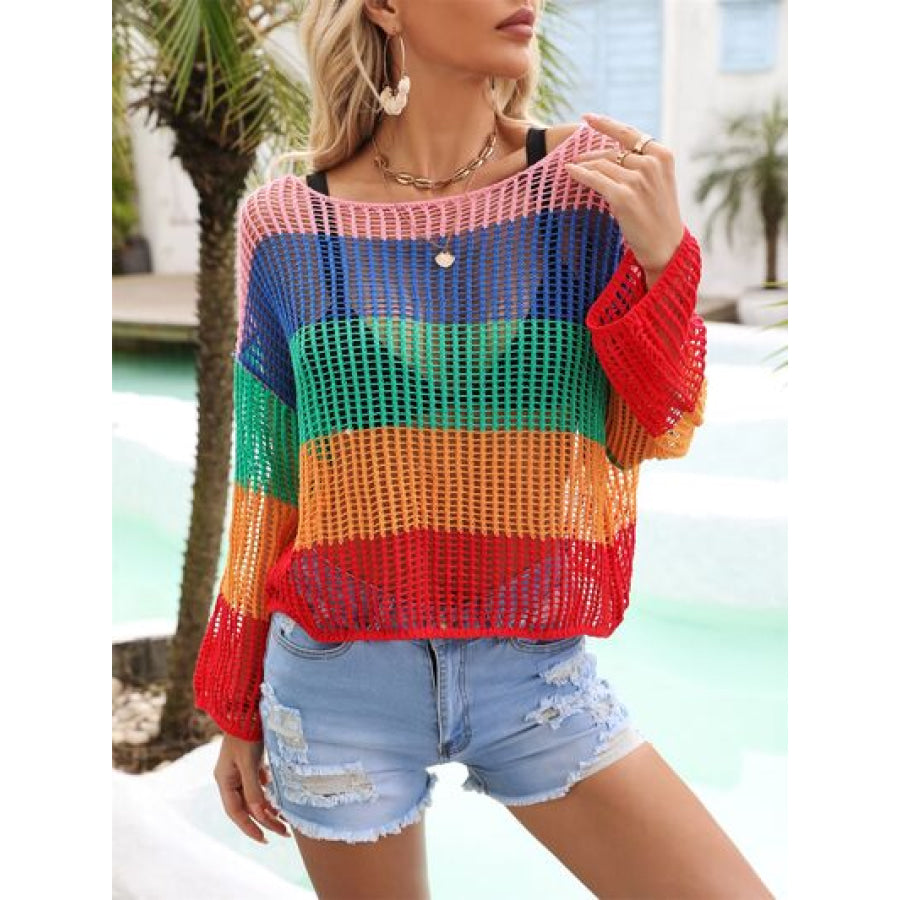 Color Block Openwork Boat Neck Cover Up Apparel and Accessories