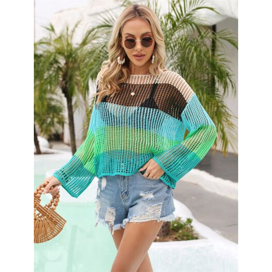 Color Block Openwork Boat Neck Cover Up Apparel and Accessories
