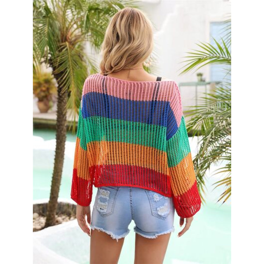 Color Block Openwork Boat Neck Cover Up Apparel and Accessories