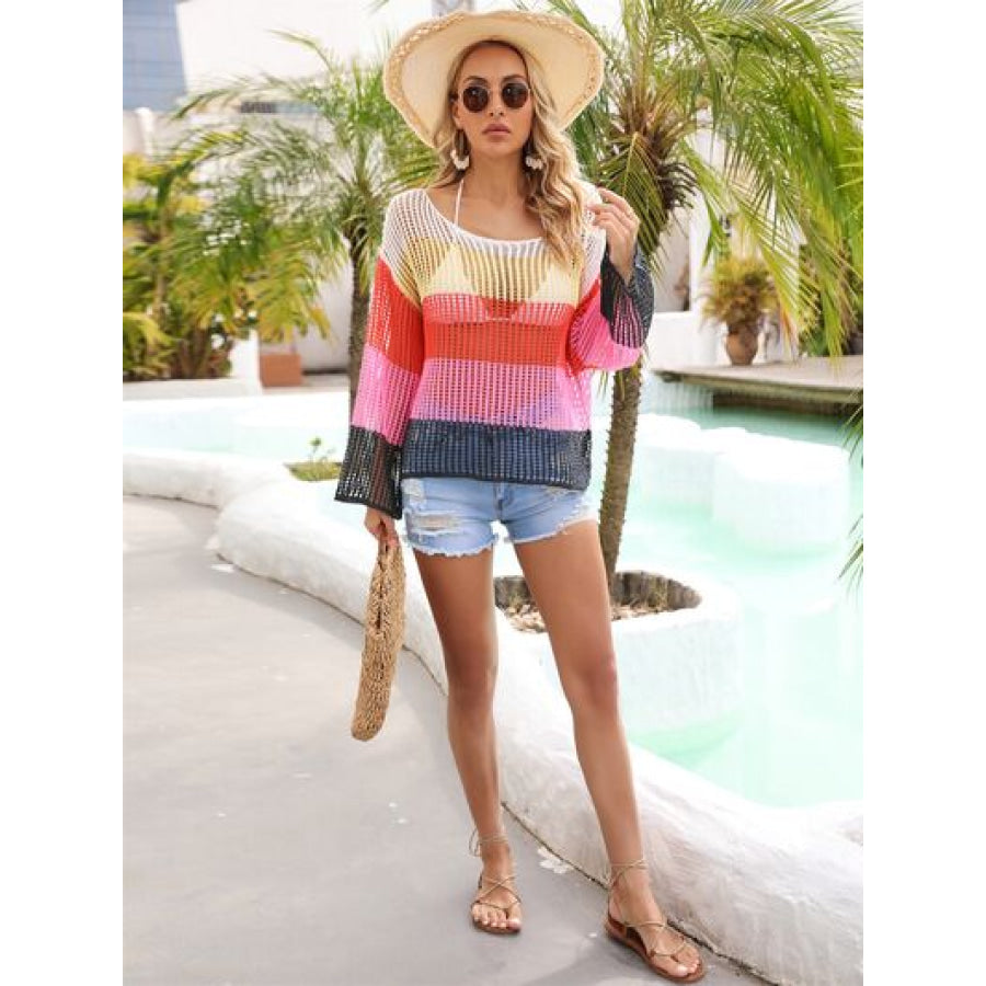 Color Block Openwork Boat Neck Cover Up Apparel and Accessories