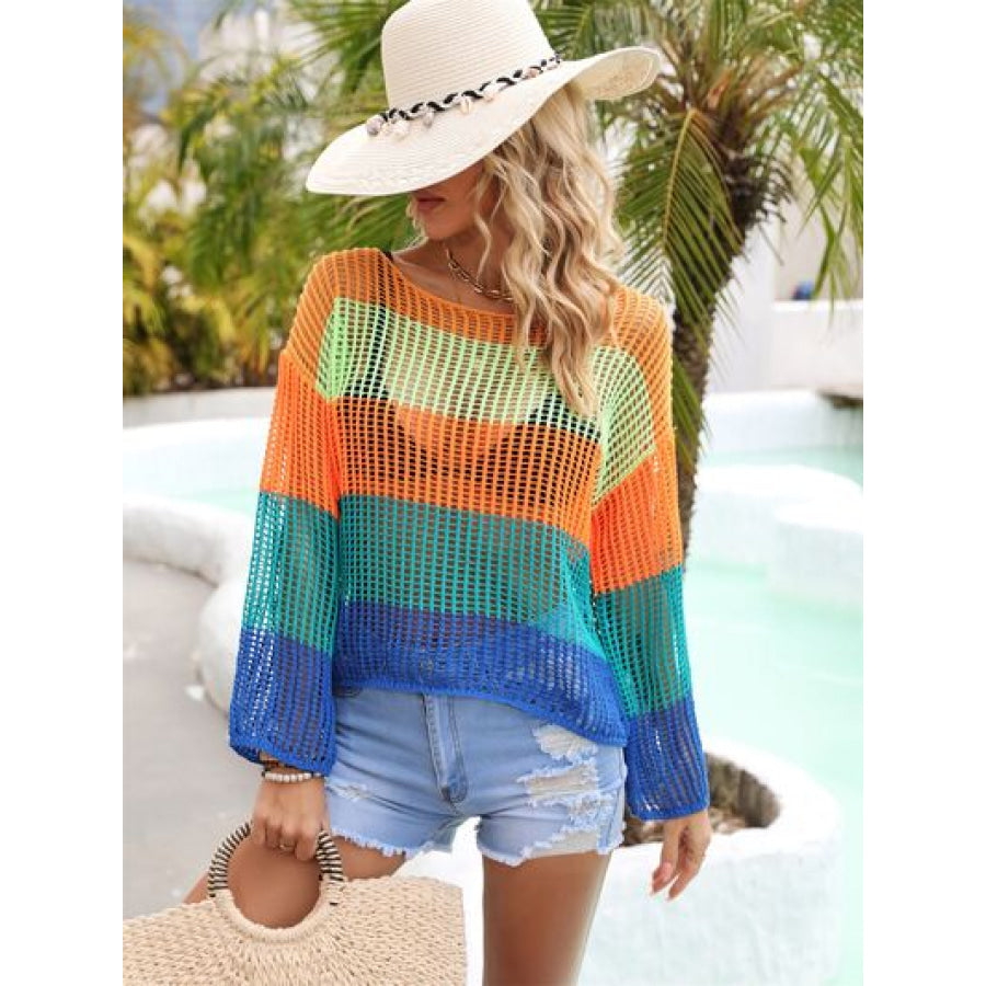 Color Block Openwork Boat Neck Cover Up Apparel and Accessories