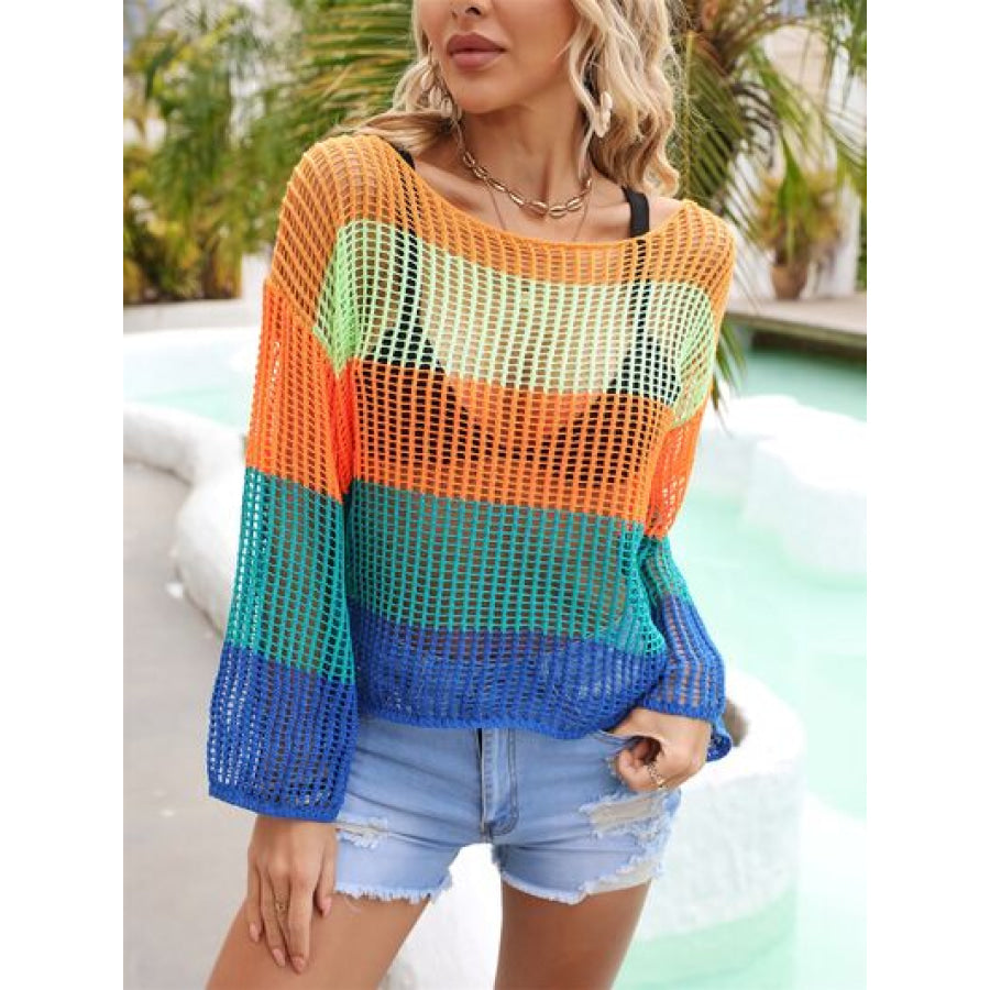 Color Block Openwork Boat Neck Cover Up Apparel and Accessories