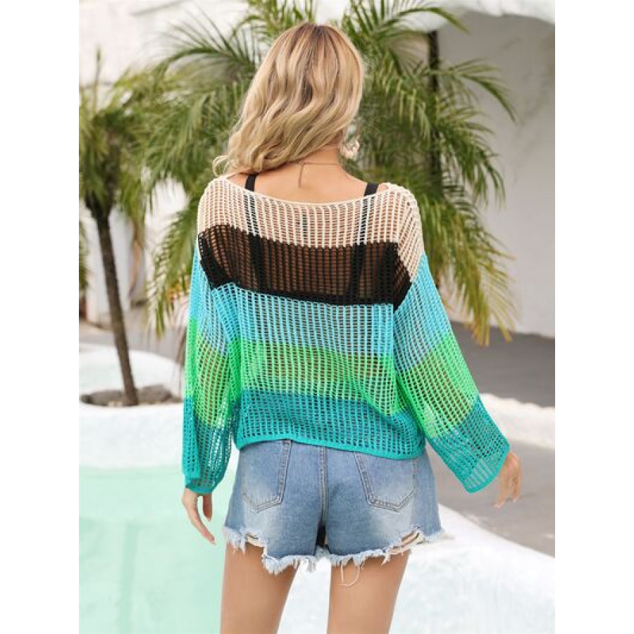 Color Block Openwork Boat Neck Cover Up Apparel and Accessories