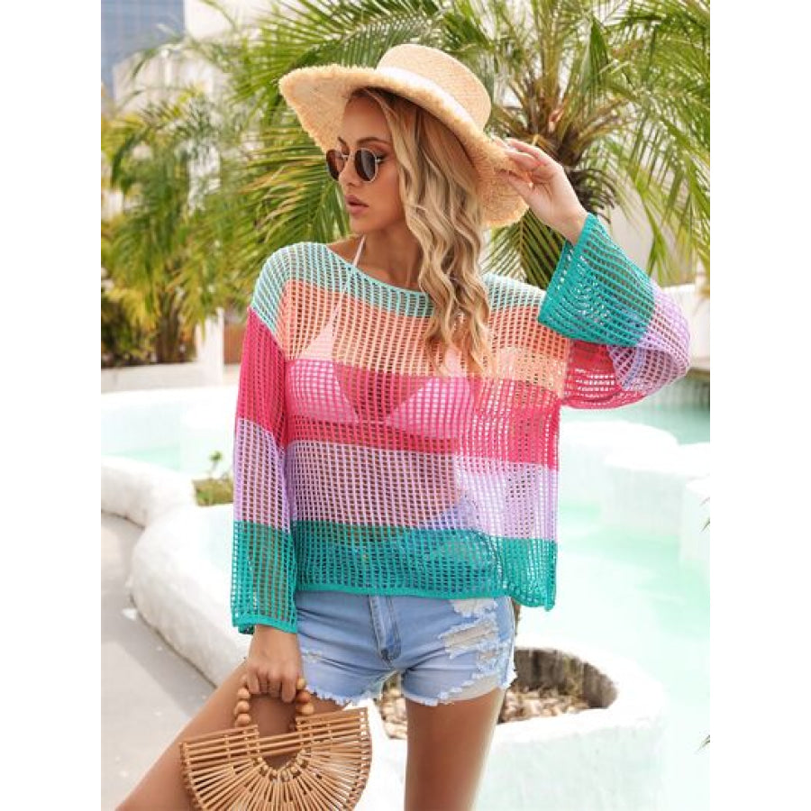 Color Block Openwork Boat Neck Cover Up Apparel and Accessories