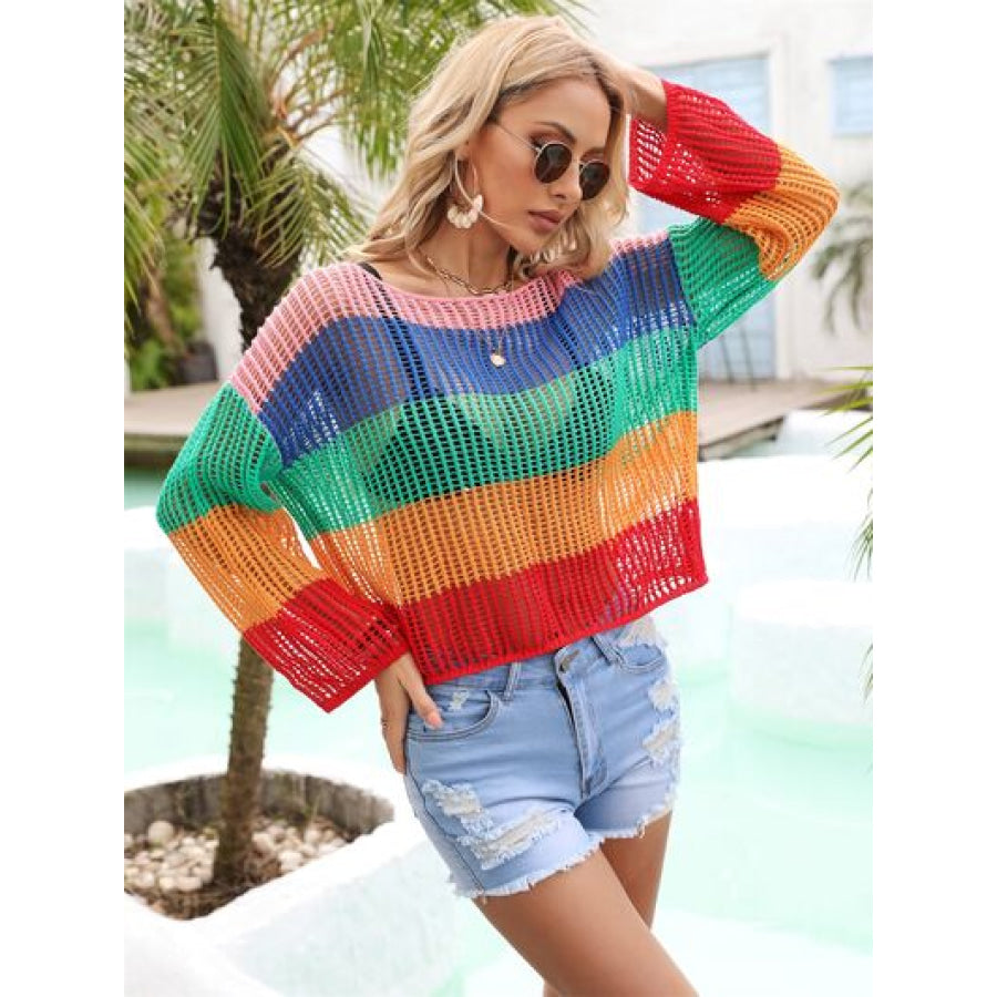Color Block Openwork Boat Neck Cover Up Apparel and Accessories