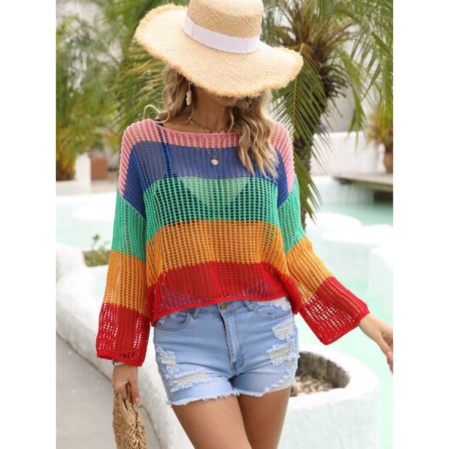 Color Block Openwork Boat Neck Cover Up Apparel and Accessories