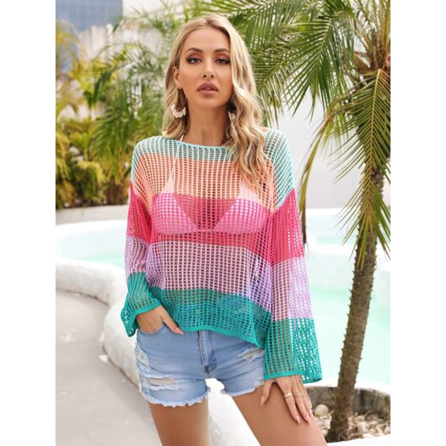 Color Block Openwork Boat Neck Cover Up Lavender / S Apparel and Accessories