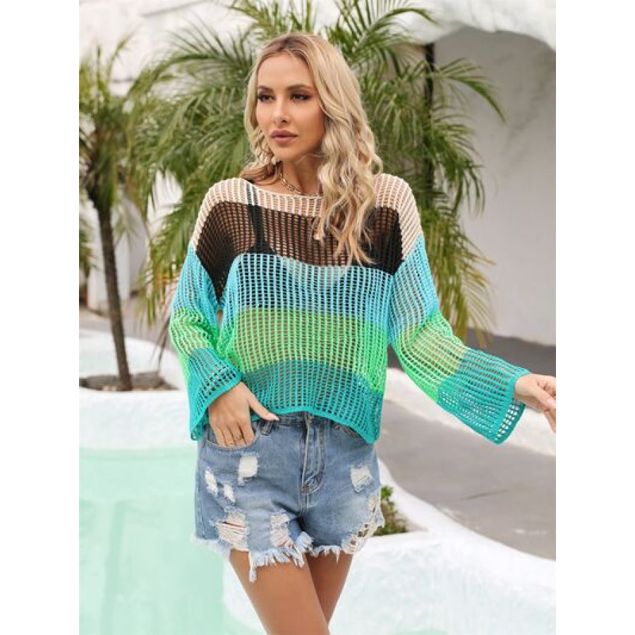 Color Block Openwork Boat Neck Cover Up Mid Green / S Apparel and Accessories
