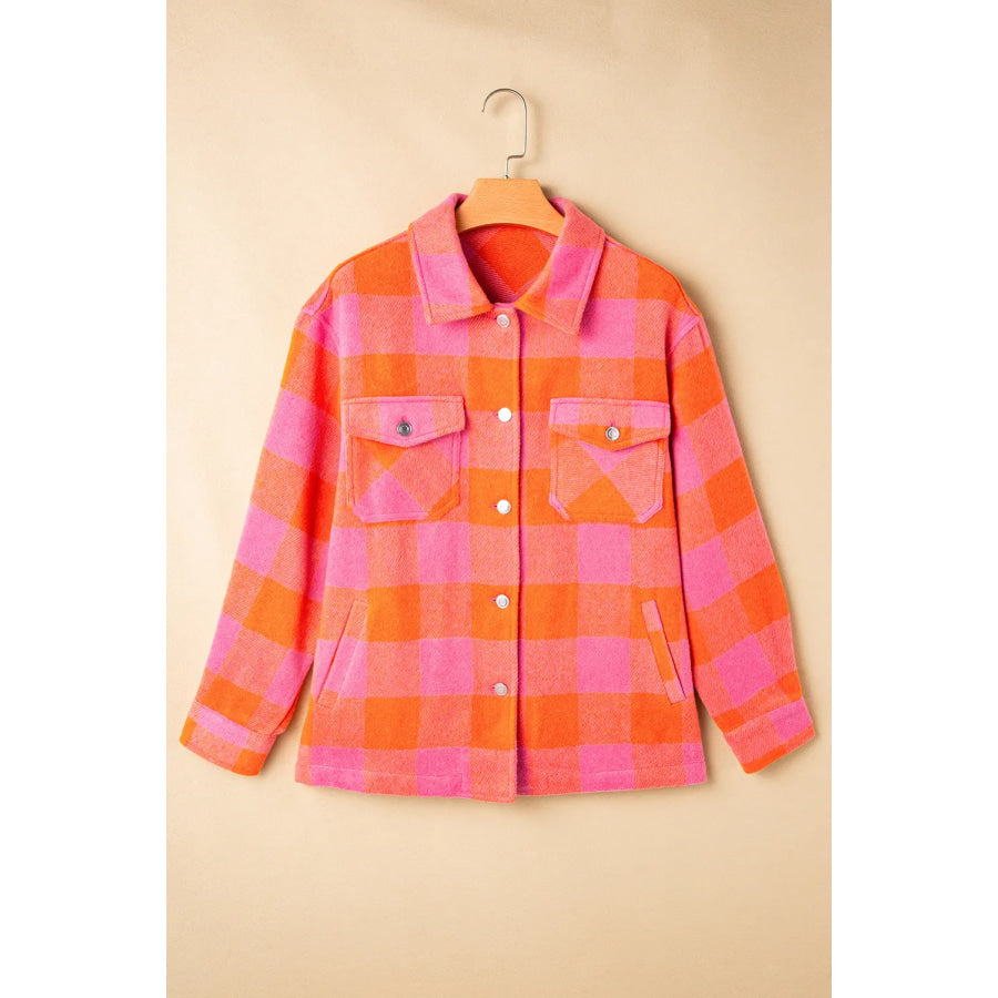 Color Block Plaid Button Up Long Sleeve Jacket Apparel and Accessories