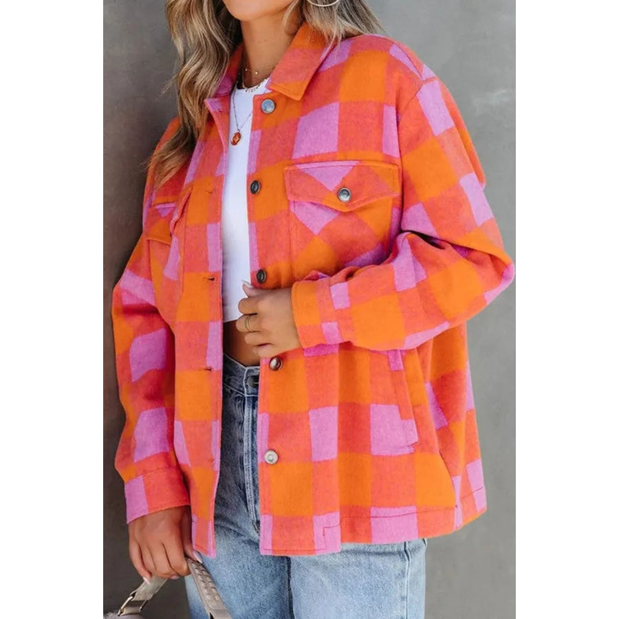 Color Block Plaid Button Up Long Sleeve Jacket Apparel and Accessories