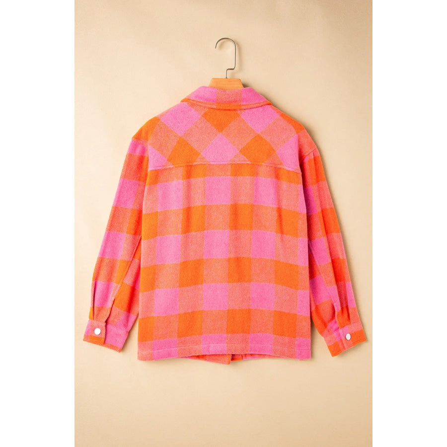 Color Block Plaid Button Up Long Sleeve Jacket Apparel and Accessories
