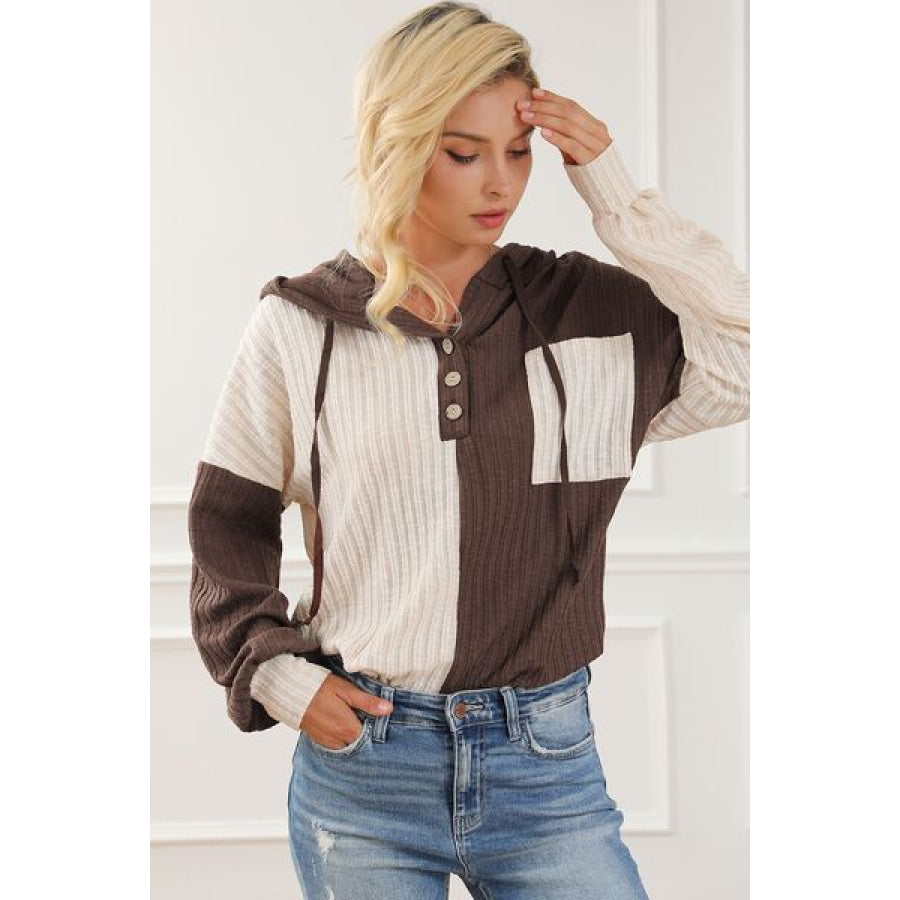 Color Block Quarter Button Lantern Sleeve Hoodie Chocolate / S Clothing