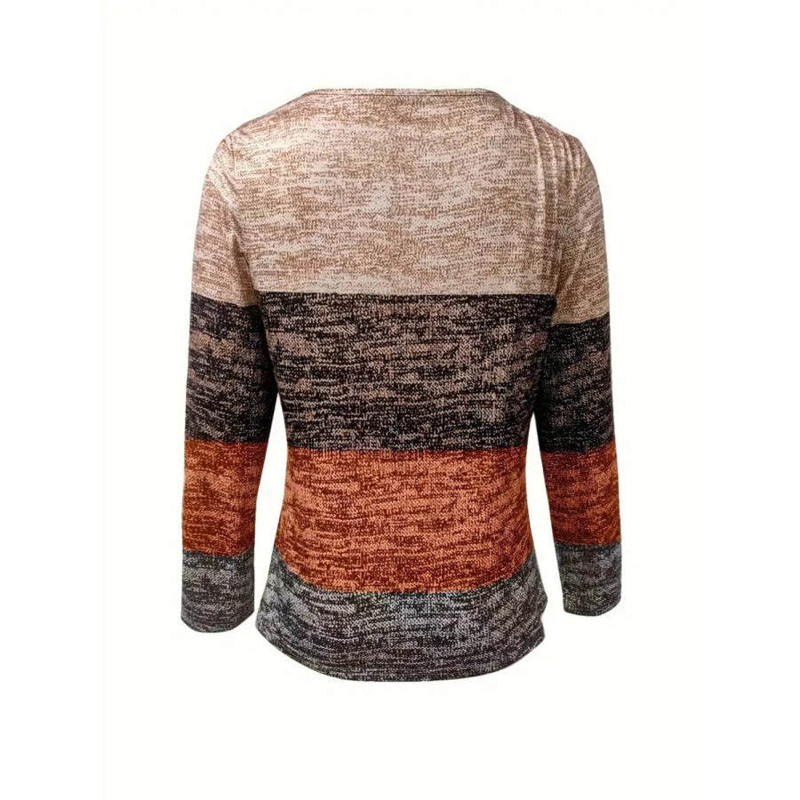 Color Block Quarter Zip Long Sleeve Blouse Apparel and Accessories