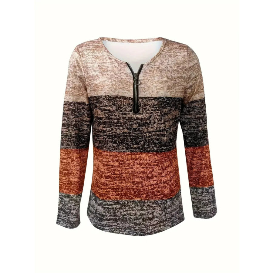 Color Block Quarter Zip Long Sleeve Blouse Brown / S Apparel and Accessories