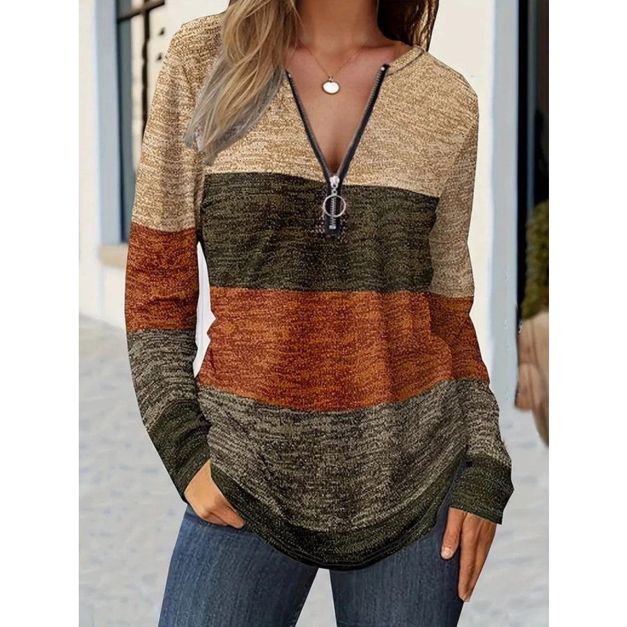 Color Block Quarter Zip Long Sleeve Blouse Brown / S Apparel and Accessories