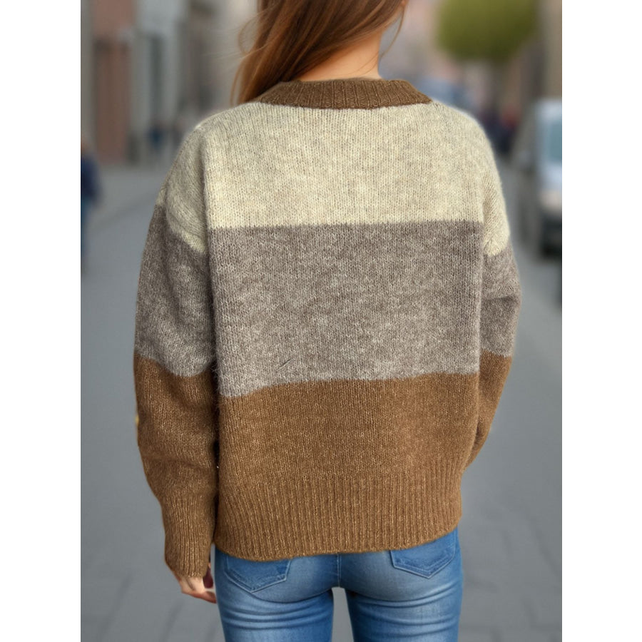 Color Block Round Neck Button Up Cardigan Apparel and Accessories