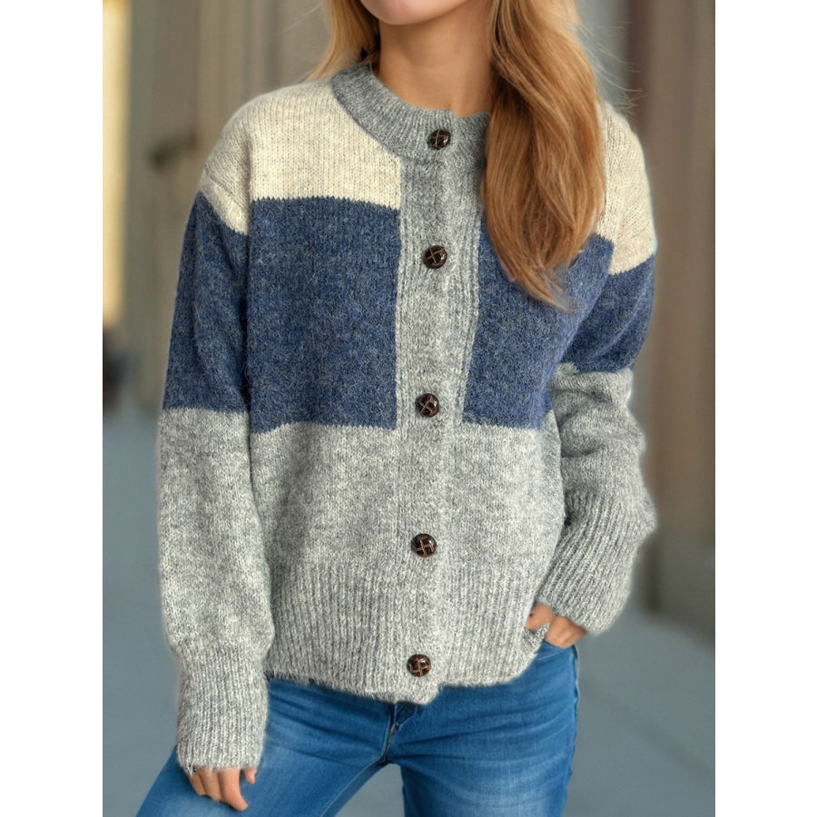 Color Block Round Neck Button Up Cardigan Apparel and Accessories