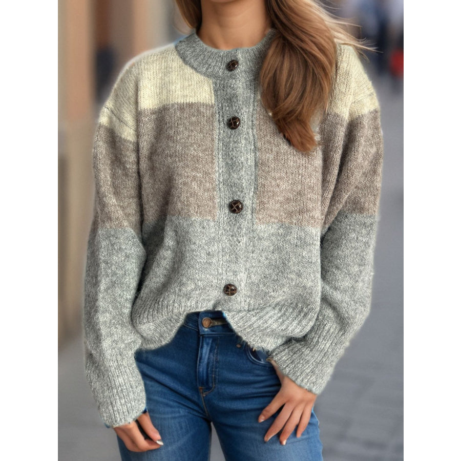 Color Block Round Neck Button Up Cardigan Apparel and Accessories
