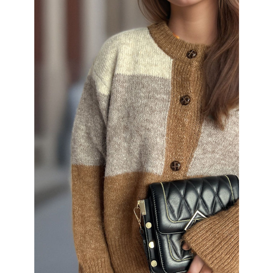 Color Block Round Neck Button Up Cardigan Apparel and Accessories