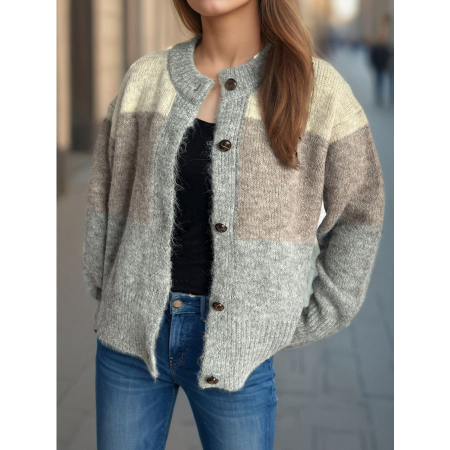 Color Block Round Neck Button Up Cardigan Apparel and Accessories