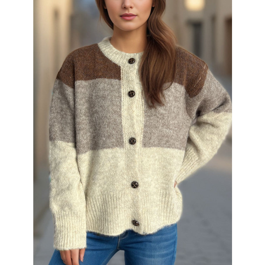 Color Block Round Neck Button Up Cardigan Apparel and Accessories