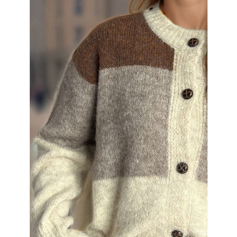 Color Block Round Neck Button Up Cardigan Apparel and Accessories