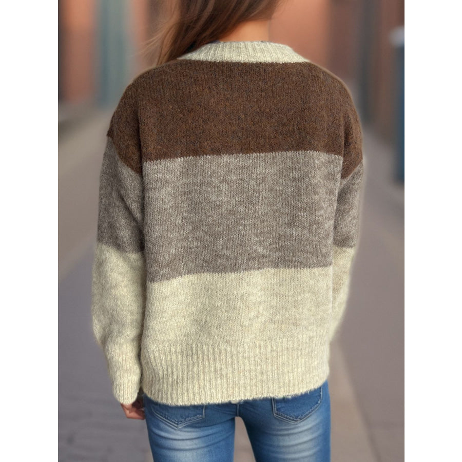 Color Block Round Neck Button Up Cardigan Apparel and Accessories