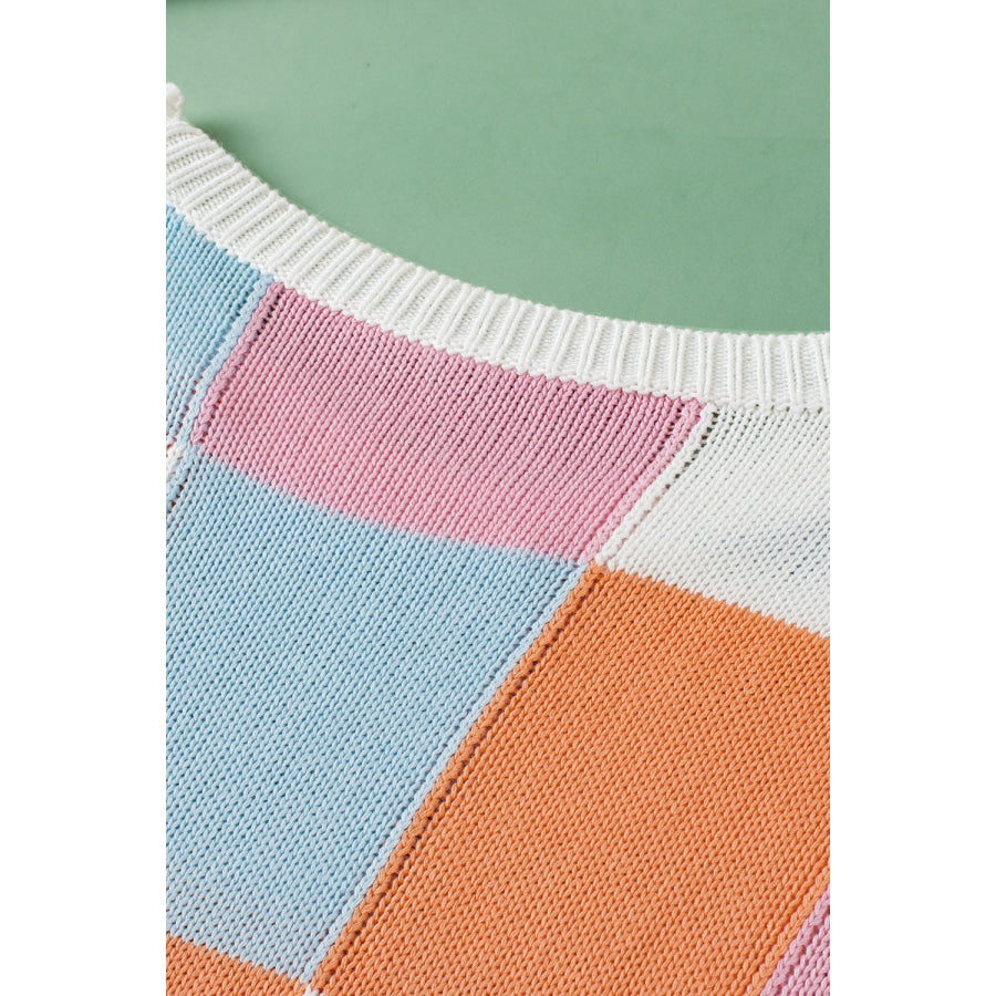 Color Block Round Neck Cap Sleeve Knit Top Apparel and Accessories