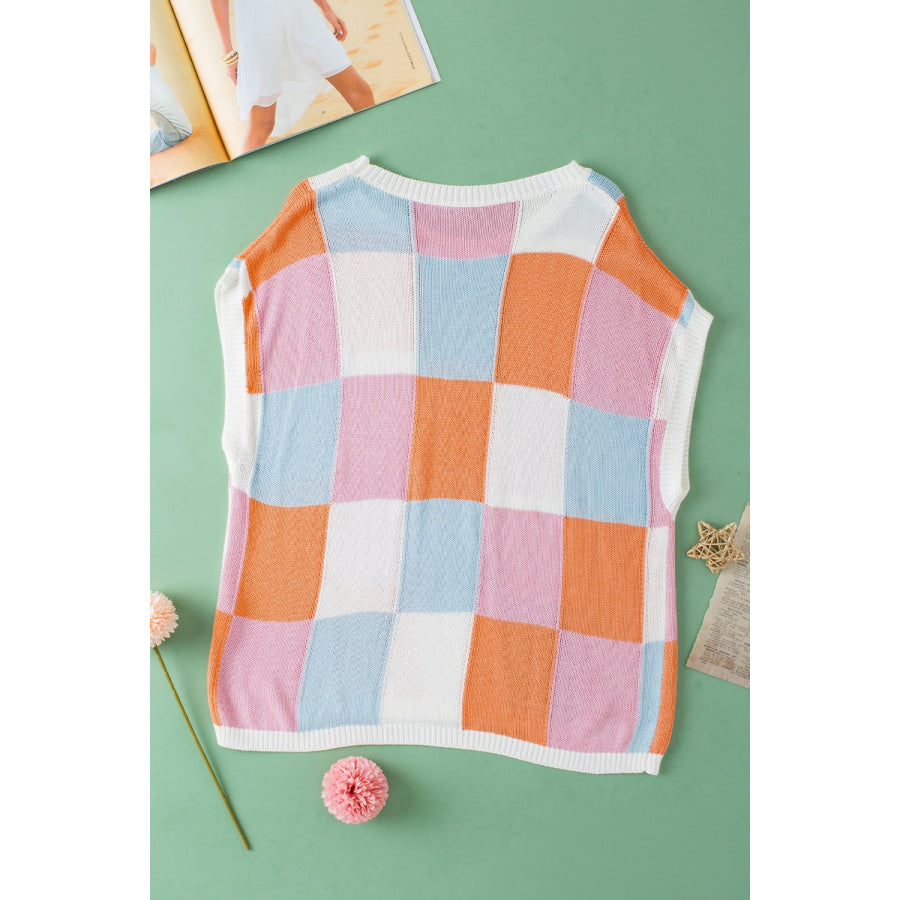 Color Block Round Neck Cap Sleeve Knit Top Apparel and Accessories