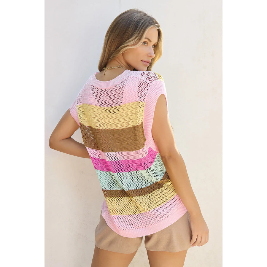 Color Block Round Neck Cap Sleeve Knit Top Apparel and Accessories
