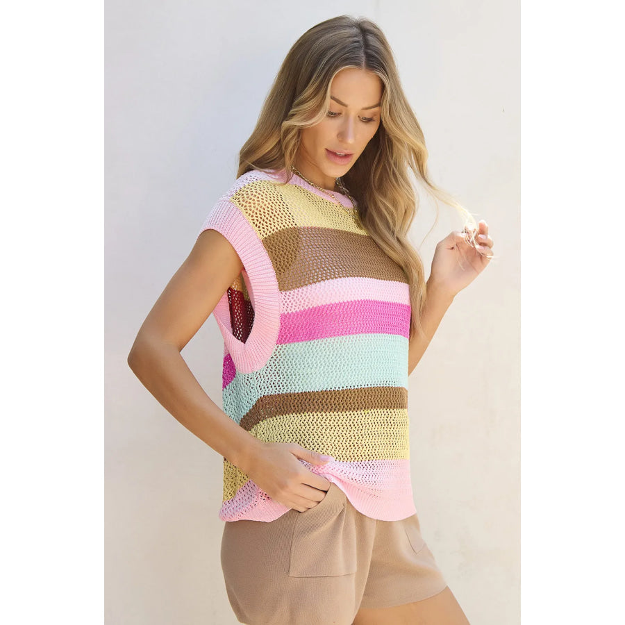 Color Block Round Neck Cap Sleeve Knit Top Apparel and Accessories