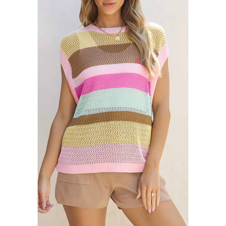 Color Block Round Neck Cap Sleeve Knit Top Blush Pink / S Apparel and Accessories