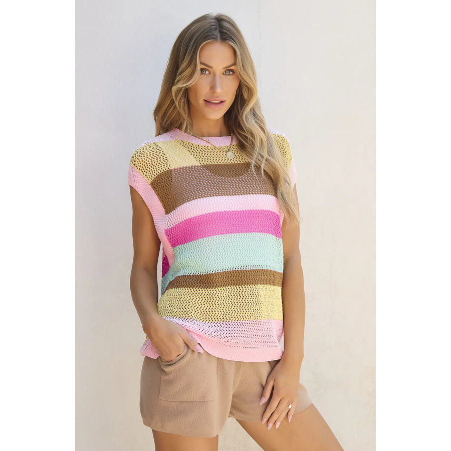 Color Block Round Neck Cap Sleeve Knit Top Apparel and Accessories