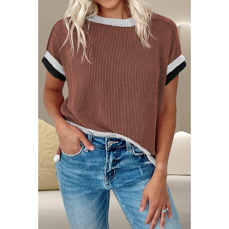 Color Block Round Neck Cap Sleeve T-Shirt Brown / S Apparel and Accessories