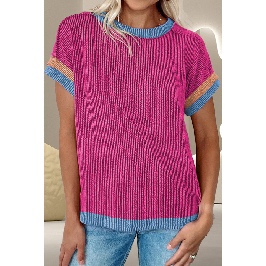 Color Block Round Neck Cap Sleeve T-Shirt Cerise / S Apparel and Accessories