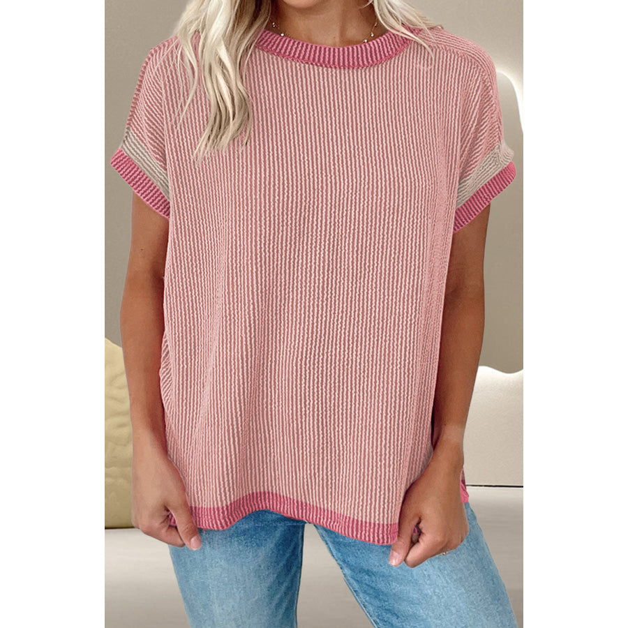Color Block Round Neck Cap Sleeve T-Shirt Dusty Pink / S Apparel and Accessories