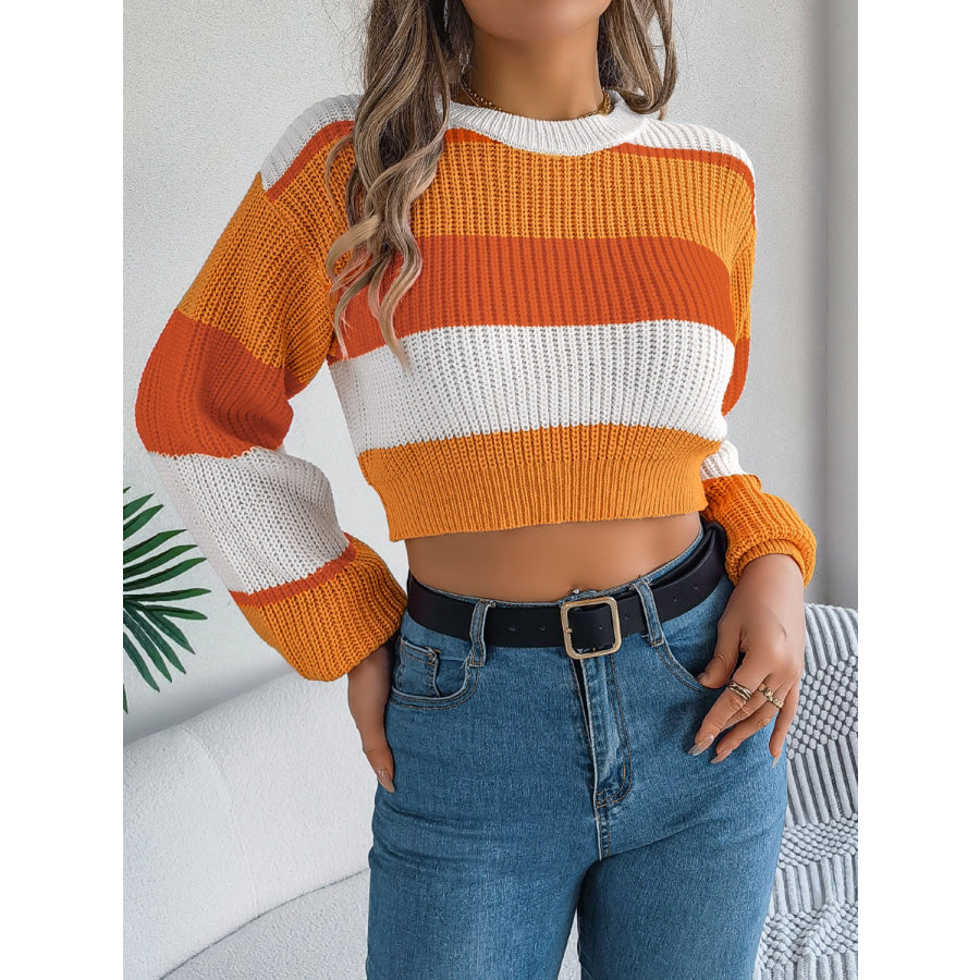 Color Block Round Neck Cropped Sweater Apparel and Accessories
