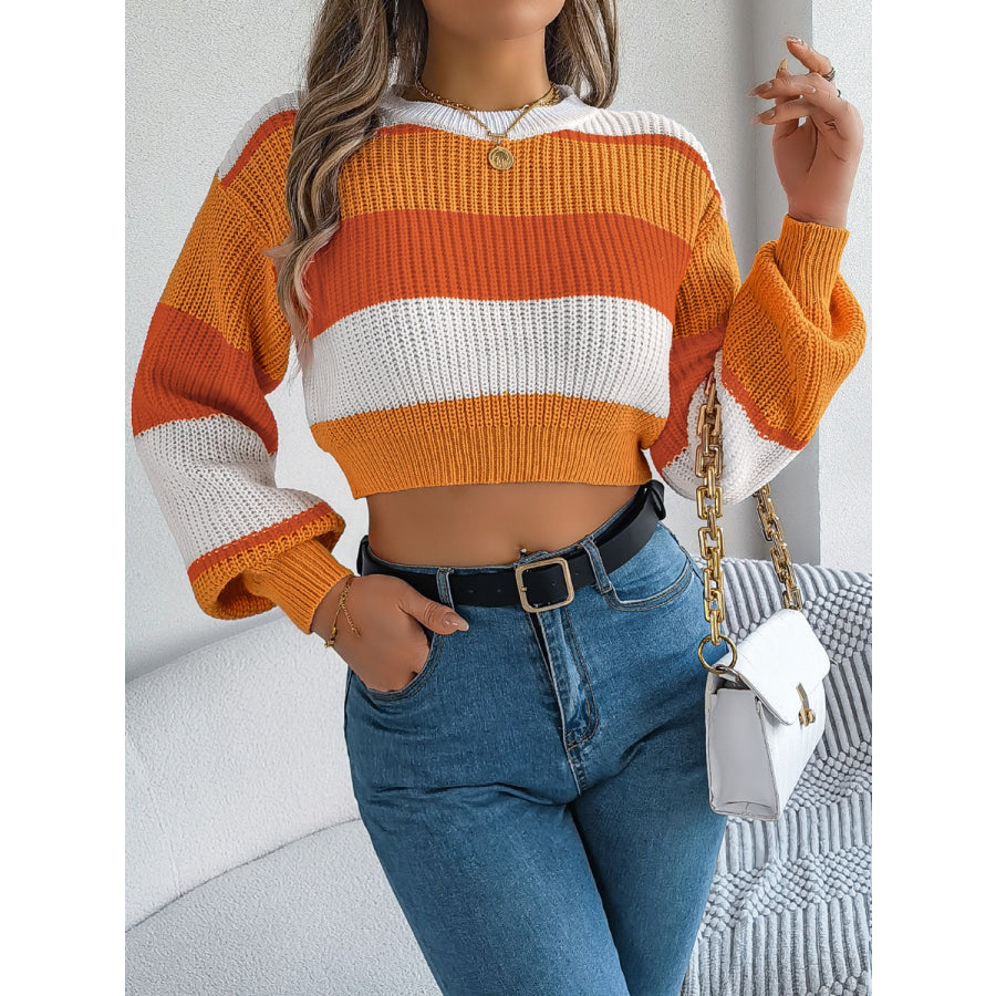 Color Block Round Neck Cropped Sweater Apparel and Accessories