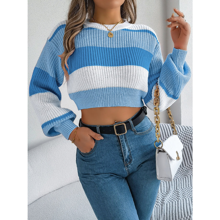 Color Block Round Neck Cropped Sweater Sky Blue / S Apparel and Accessories