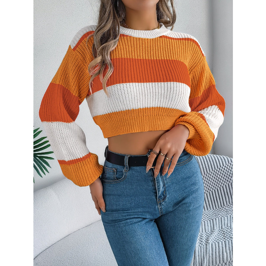 Color Block Round Neck Cropped Sweater Tangerine / S Apparel and Accessories
