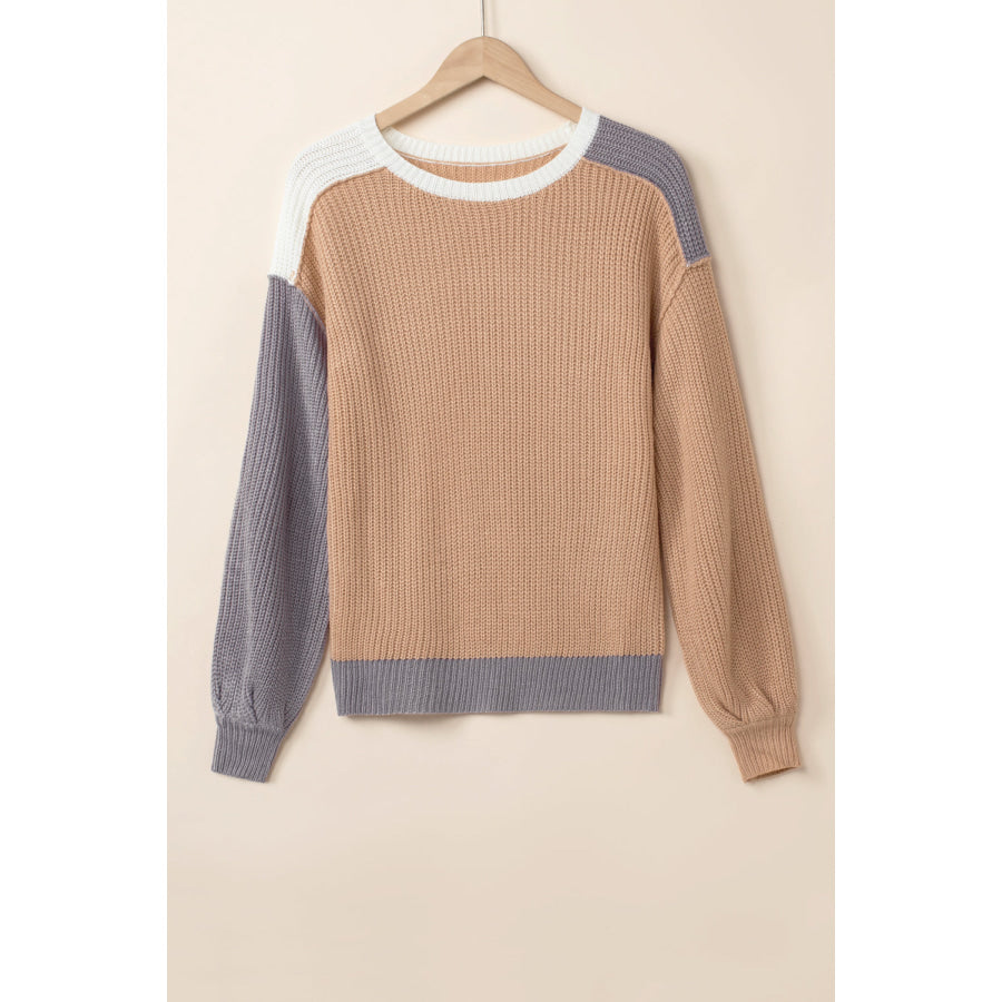 Color Block Round Neck Drop Shoulder Sweater Apparel and Accessories