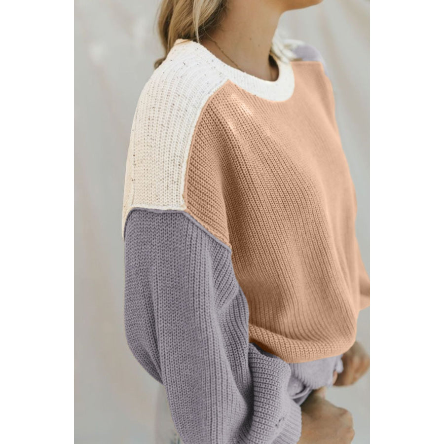 Color Block Round Neck Drop Shoulder Sweater Apparel and Accessories