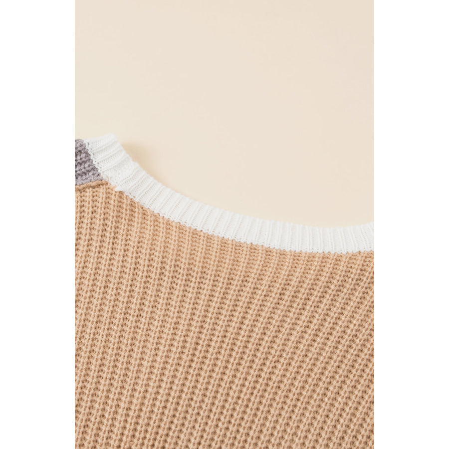 Color Block Round Neck Drop Shoulder Sweater Apparel and Accessories