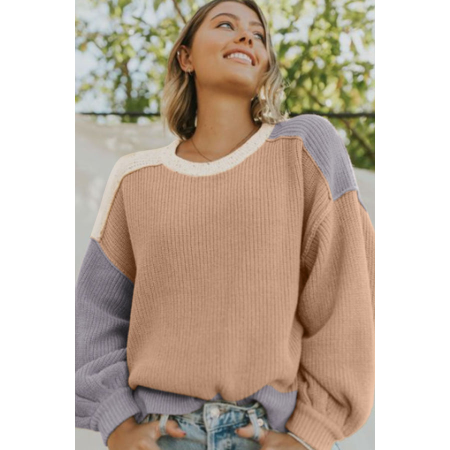 Color Block Round Neck Drop Shoulder Sweater Apparel and Accessories