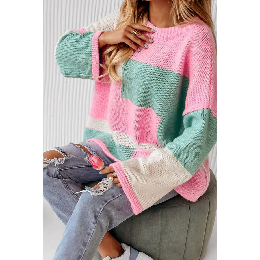 Color Block Round Neck Drop Shoulder Sweater Apparel and Accessories