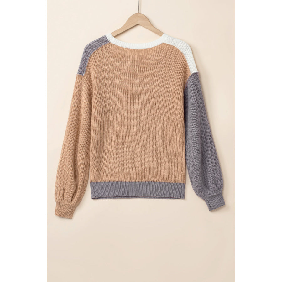 Color Block Round Neck Drop Shoulder Sweater Apparel and Accessories