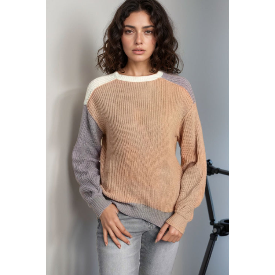 Color Block Round Neck Drop Shoulder Sweater Tan / S Apparel and Accessories