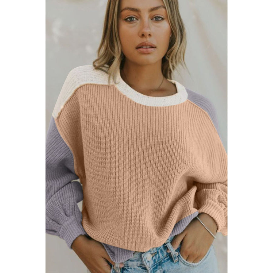 Color Block Round Neck Drop Shoulder Sweater Apparel and Accessories